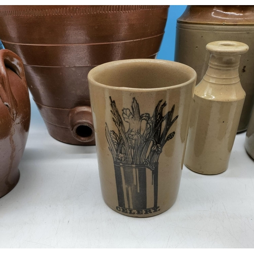 478 - Box of Stoneware Pots plus Large 39cm Flagon.