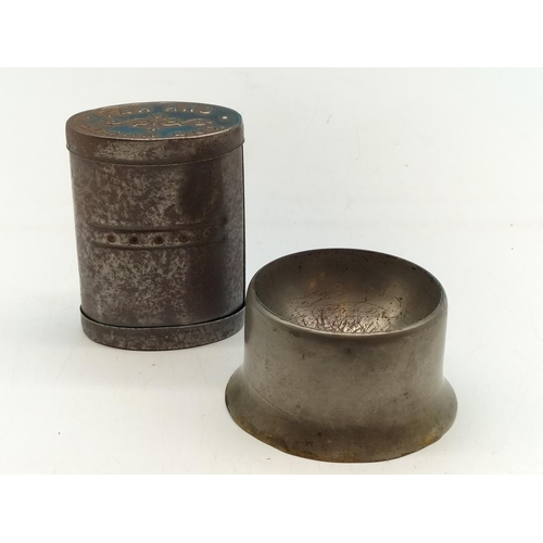 538 - WWI 7.5cm 'Tea and Sugar' Box plus 'Hemispherical Cup for Burning the King Alfred Night Light'.