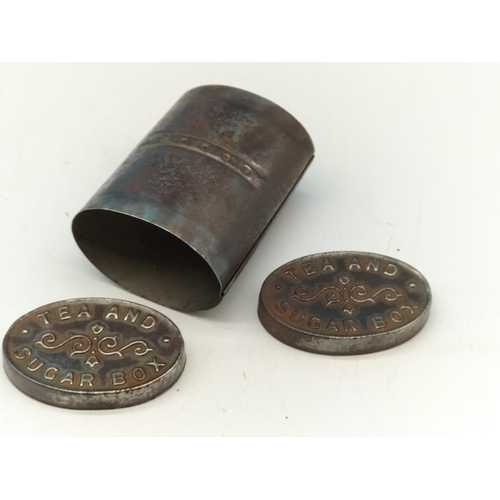 538 - WWI 7.5cm 'Tea and Sugar' Box plus 'Hemispherical Cup for Burning the King Alfred Night Light'.