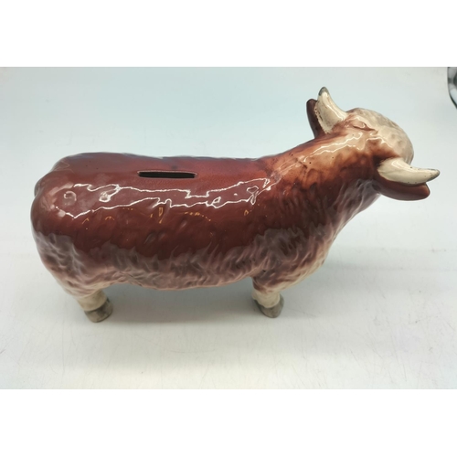 567 - Ceramic Butchers Style Bull Money Box. 31cm x 19cm. Requires Stopper.