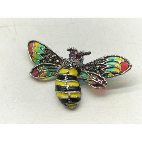 572 - 925 Silver Enamelled Bee Brooch with Marcasite. 4cm x 2cm.