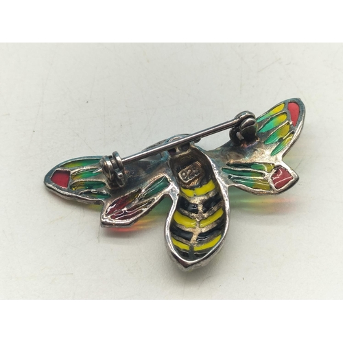 572 - 925 Silver Enamelled Bee Brooch with Marcasite. 4cm x 2cm.