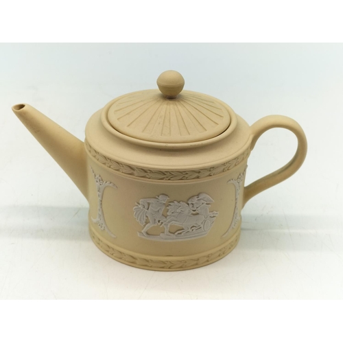 5A - Rare Miniature Wedgwood Primrose Jasper Teapot with 'Ulysses' Design. 8cm High, 14cm Spout to Handle... 