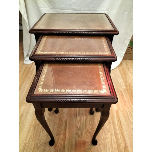 578 - Nest of 3 Wooden Tables with Leather and Glass Tops. Largest being 56cm high, 53cm x 41cm. Collectio... 