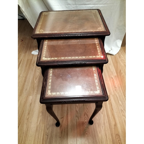 578 - Nest of 3 Wooden Tables with Leather and Glass Tops. Largest being 56cm high, 53cm x 41cm. Collectio... 