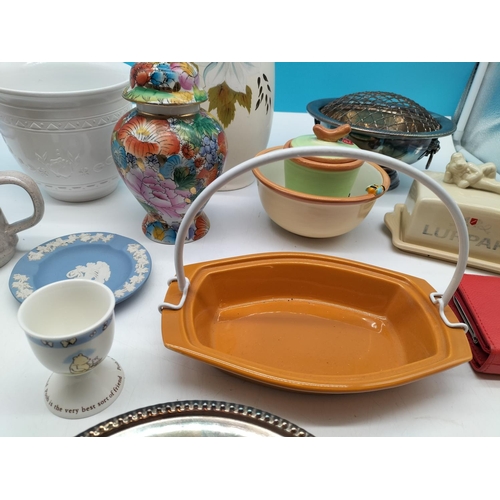 579 - Box of Mixed Pottery and Plated Ware to include Wedgwood Dish, West German Planter, Hand Painted Vas... 