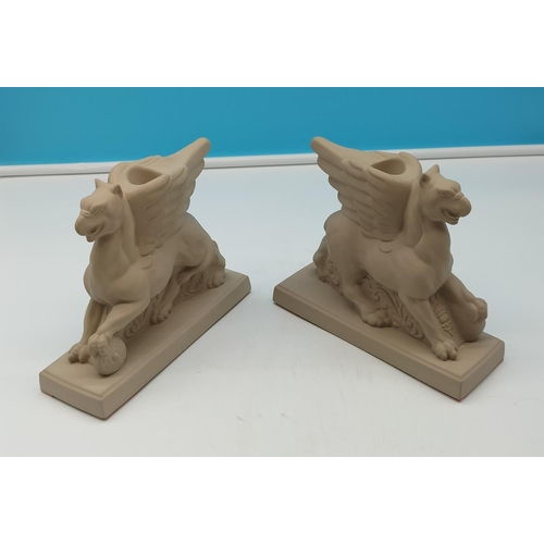 1 - Pair of Wedgwood Bisque 2003 'Griffin' Candle Holders. 16cm High, 19cm x 7cm.