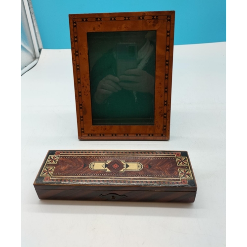 104 - Vintage Inlaid Marquetery Stationery Pen Box and Photo Frame. Box measures 22cm x 7cm x 4cm.