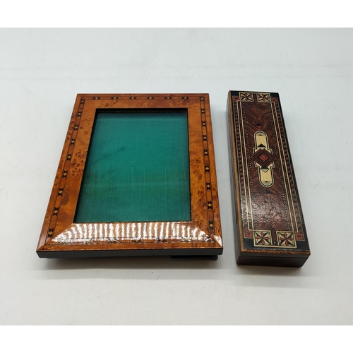 104 - Vintage Inlaid Marquetery Stationery Pen Box and Photo Frame. Box measures 22cm x 7cm x 4cm.