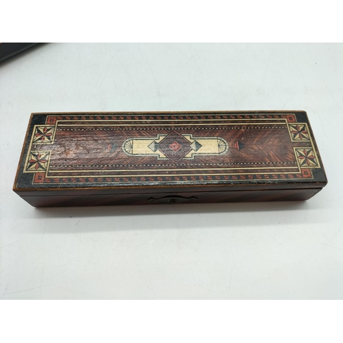 104 - Vintage Inlaid Marquetery Stationery Pen Box and Photo Frame. Box measures 22cm x 7cm x 4cm.