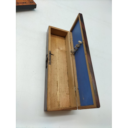 104 - Vintage Inlaid Marquetery Stationery Pen Box and Photo Frame. Box measures 22cm x 7cm x 4cm.