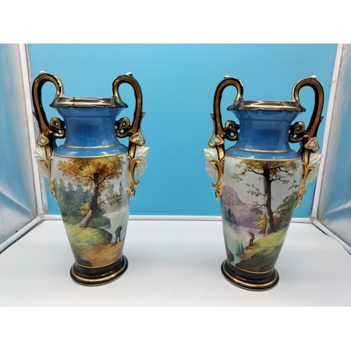 12 - Antique Pair of 39cm Twin Handled Vases with Greek God Head Sides and Hand Painted Fishing Scenes. N... 