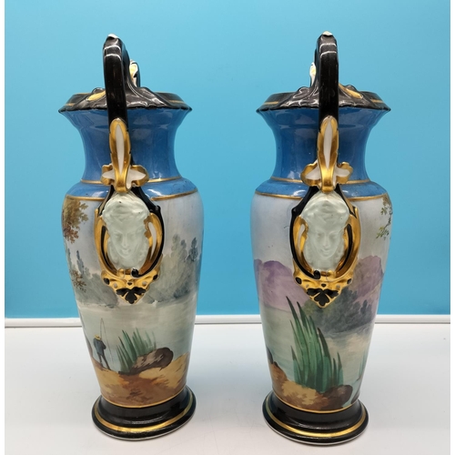 12 - Antique Pair of 39cm Twin Handled Vases with Greek God Head Sides and Hand Painted Fishing Scenes. N... 