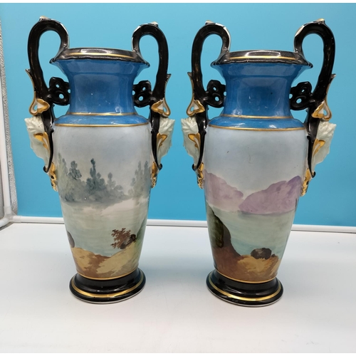 12 - Antique Pair of 39cm Twin Handled Vases with Greek God Head Sides and Hand Painted Fishing Scenes. N... 