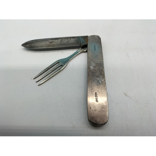 19 - Chester Hallmarked 1897 Pocket Knife and Fork with Steel. Damage to Tip of Knife. Closed 9.5cm.