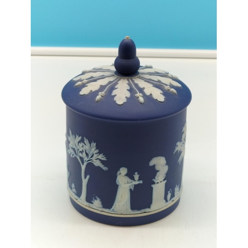 28 - Wedgwood Dark Blue Jasper 17cm Lidded Jar. 11cm Diameter.