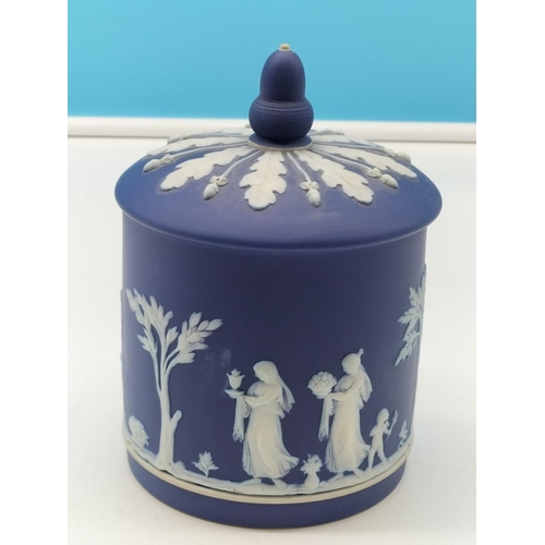 28 - Wedgwood Dark Blue Jasper 17cm Lidded Jar. 11cm Diameter.