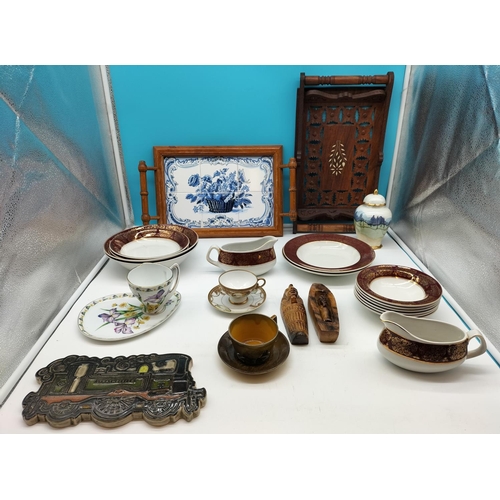 566 - Box of Mixed Items to Incl. Assorted Ceramics, Tiled Tray, Train Wall Plaque, etc.