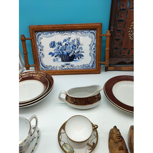 566 - Box of Mixed Items to Incl. Assorted Ceramics, Tiled Tray, Train Wall Plaque, etc.