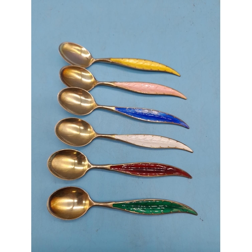 568 - Set of 6 Vintage 925 Sterling Silver and Guilloche Enameled Teaspoons. Slight Damage to Blue Teaspoo... 