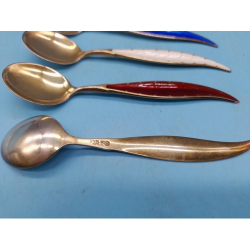 568 - Set of 6 Vintage 925 Sterling Silver and Guilloche Enameled Teaspoons. Slight Damage to Blue Teaspoo... 