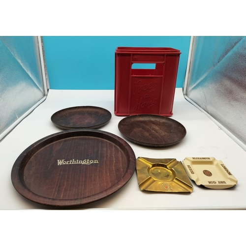 581 - Worthington Beer 33cm Wooden Tray plus 2 Others, Bass Brewery Brass Ashtray, Enamel Dry Gin Ashtray ... 