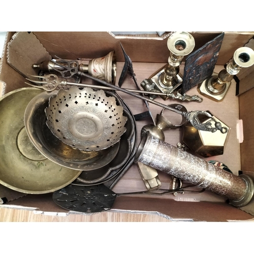 582 - Box of Mixed Copper Ware to include Candlesticks, Toasting Forks, Dishes, etc.