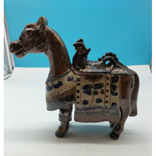 66 - Vintage Battang Hanoi Ceramic Horse Figure with Bird on Saddle. 25cm High.