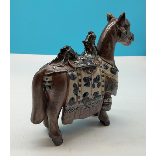 66 - Vintage Battang Hanoi Ceramic Horse Figure with Bird on Saddle. 25cm High.