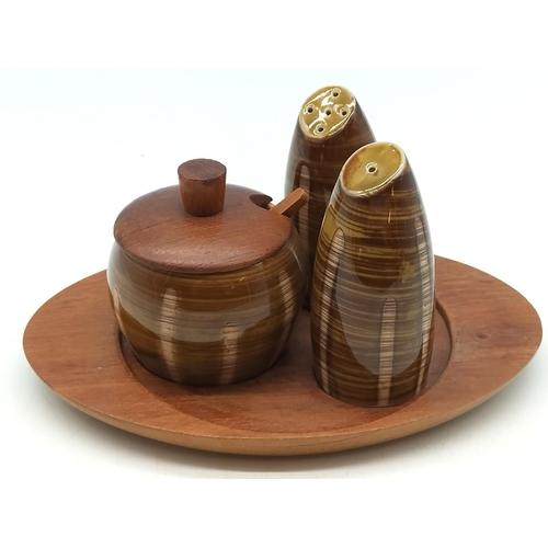 74 - Retro Mid Century West German Pottery and Wood Cruet. 10cm High, 19cm x 13cm.