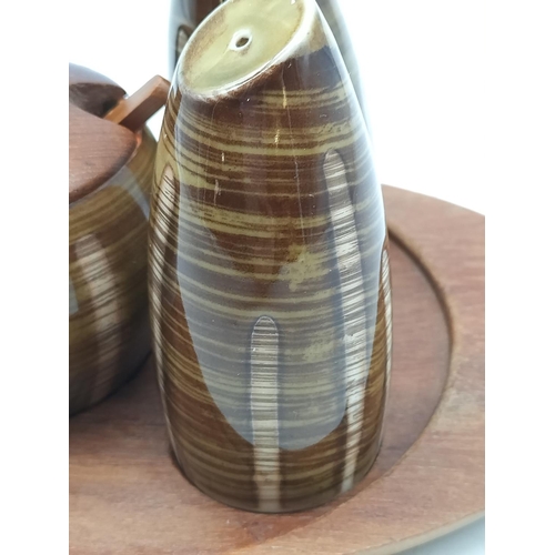 74 - Retro Mid Century West German Pottery and Wood Cruet. 10cm High, 19cm x 13cm.