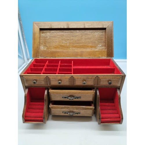 77 - Wooden Jewellery Box with Lift Top, 2 Drawers and 2 Pull Down Cupboards. 19cm High, 37cm x 17cm. 1 H... 