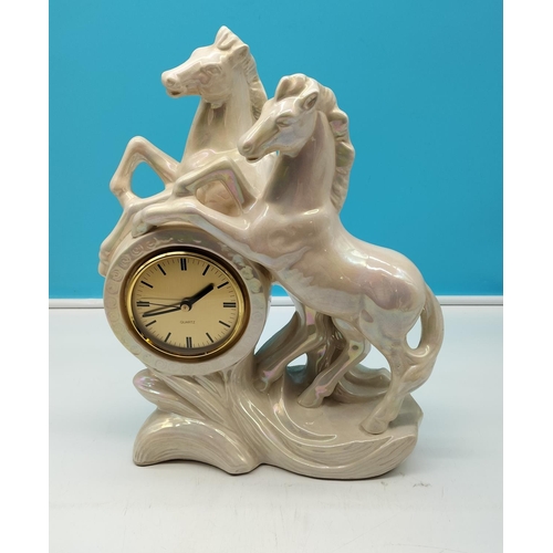 80 - Large Pearlware Prancing Horse Mantel Clock W/O 40cm x 30cm.