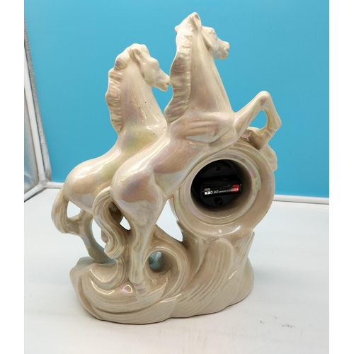 80 - Large Pearlware Prancing Horse Mantel Clock W/O 40cm x 30cm.