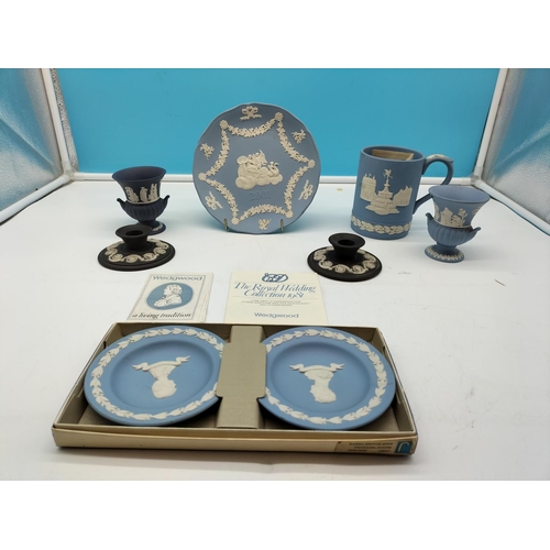 83 - Wedgwood Jasper Items (7) to include Boxed Pin Dishes, Black Jasper Candle Holders, Piccadilly Circu... 