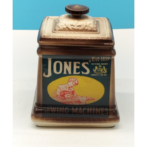 87 - 1980's Staffordshire Pottery 18.5cm Advertising Storage Jar - Jones Sewing Machines, Swan Ink, Brass... 