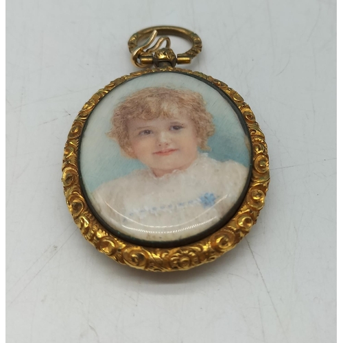 94 - Unmarked Yellow Metal Hand Painted Miniature Fob/Pendant 5cm x 4cm.