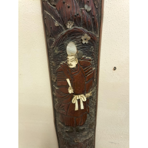 99 - 2 x Large 135cm (h) Meiji Period Carved Bamboo with Mother of Pearl Wall Hangings.