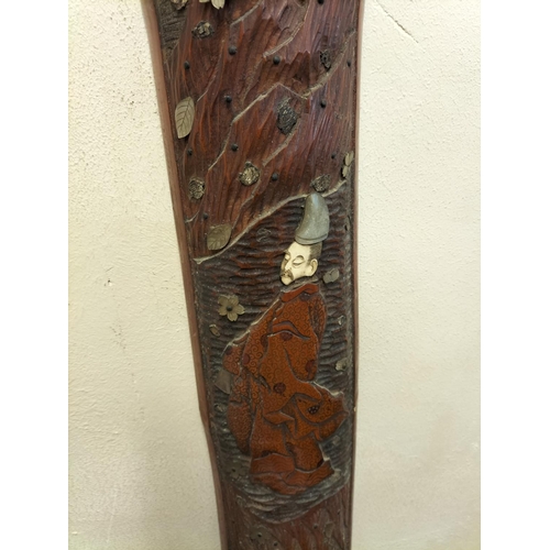 99 - 2 x Large 135cm (h) Meiji Period Carved Bamboo with Mother of Pearl Wall Hangings.