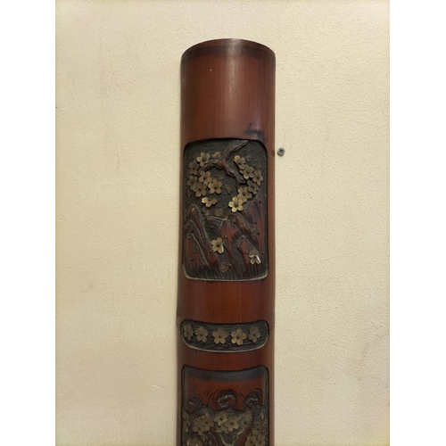 99 - 2 x Large 135cm (h) Meiji Period Carved Bamboo with Mother of Pearl Wall Hangings.