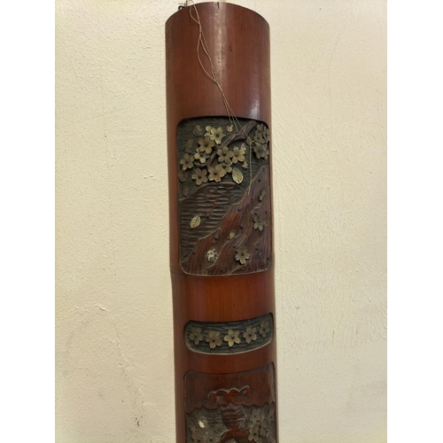 99 - 2 x Large 135cm (h) Meiji Period Carved Bamboo with Mother of Pearl Wall Hangings.