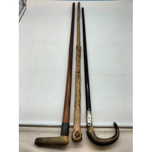 53 - Walking Sticks (3). 2 with Horn and Silver Collars. Longest 89cm.