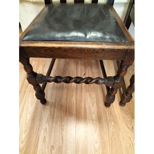 717 - 3 Oak Framed Wooden Chairs with Barley Twist Stretchers and Leather Tops. Collection Only.