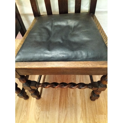 717 - 3 Oak Framed Wooden Chairs with Barley Twist Stretchers and Leather Tops. Collection Only.