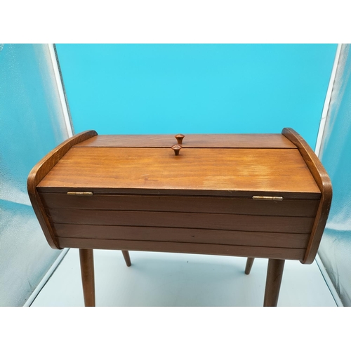 54 - Wooden Sewing Box on Legs plus Contents to include Cottons, Singer Attachment, etc. 46cm High, 28cm ... 