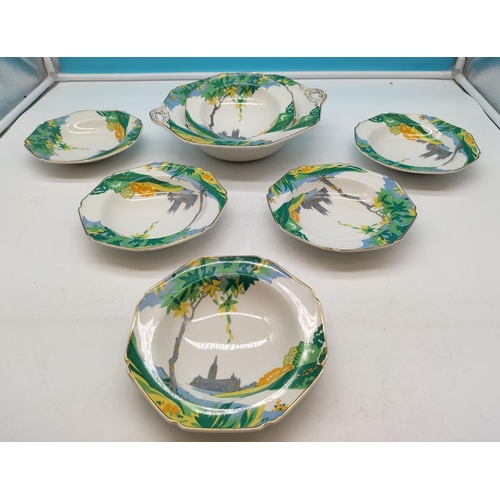 708 - 1930's 7 Piece Dessert Set by Hughes (Longport). Largest Bowl 6cm High, 27cm Diameter. 1 Bowl A/F.