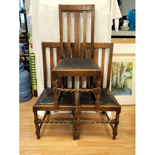 717 - 3 Oak Framed Wooden Chairs with Barley Twist Stretchers and Leather Tops. Collection Only.