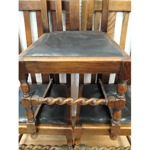 717 - 3 Oak Framed Wooden Chairs with Barley Twist Stretchers and Leather Tops. Collection Only.