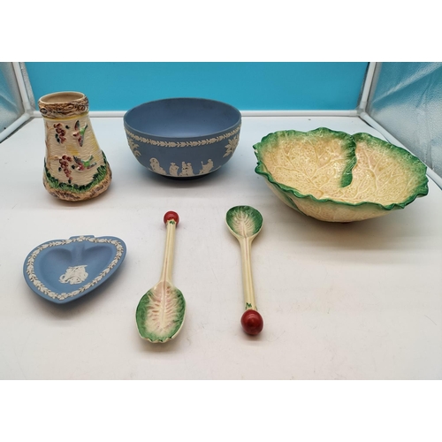 718 - Wedgwood Blue Jasper Bowl and Pin Dish, Mintons Salad Bowl (A/F) with Servers plus Arthur Woods Vase... 