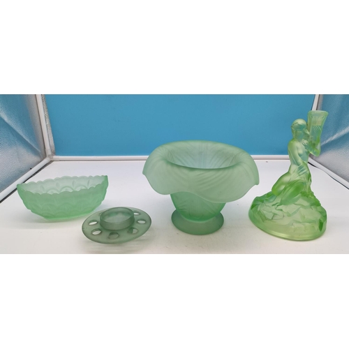 722 - Deco Green Glass Items (4). Damage to Candlestick Top.